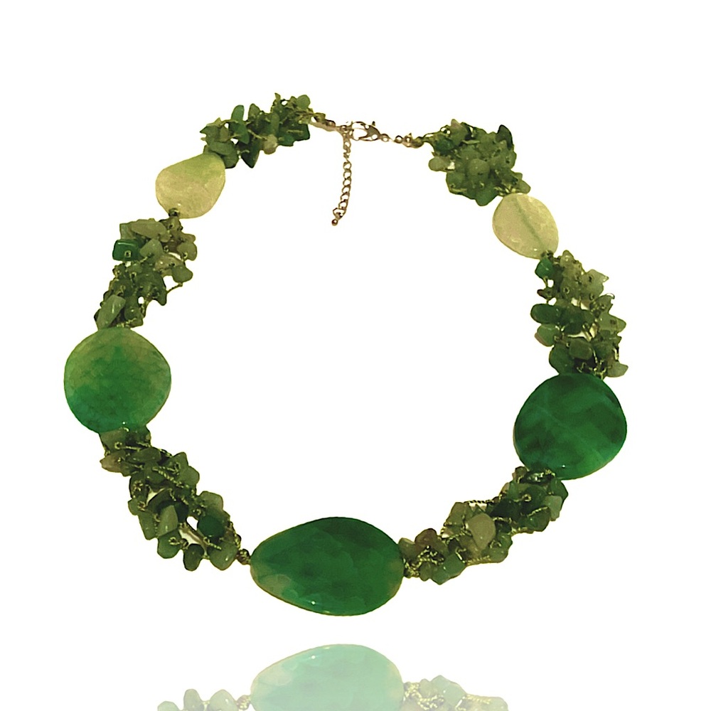 Handmade Cotton Cord Green Dragon Vein Agate Boho Style Natural Stone Necklace